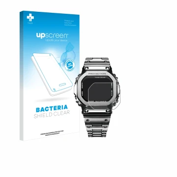 Parte frontal de un envase de producto con el logotipo de la marca upscreen. Al lado se muestra el dispositivo Casio G-Shock G