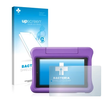 Parte frontal de un envase de producto con el logotipo de la marca upscreen. Al lado se muestra el dispositivo Amazon Fire 7 K