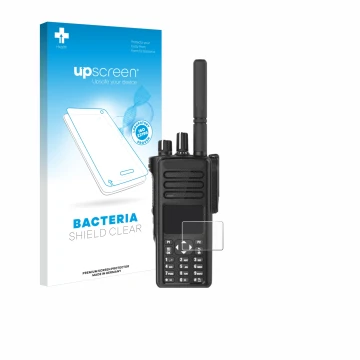 Parte frontal de un envase de producto con el logotipo de la marca upscreen. Al lado se muestra el dispositivo Motorola DP4801