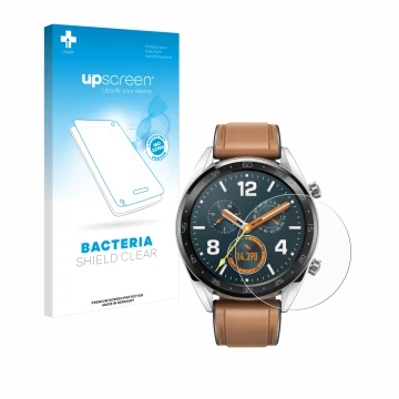 Parte frontal de un envase de producto con el logotipo de la marca upscreen. Al lado se muestra el dispositivo Huawei Watch GT