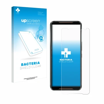 Parte frontal de un envase de producto con el logotipo de la marca upscreen. Al lado se muestra el dispositivo ASUS ROG Phone 