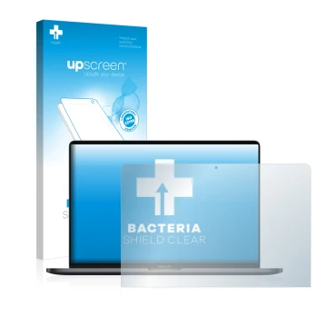 Parte frontal de un envase de producto con el logotipo de la marca upscreen. Al lado se muestra el dispositivo Apple MacBook P