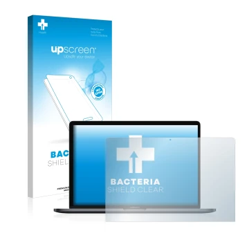 Parte frontal de un envase de producto con el logotipo de la marca upscreen. Al lado se muestra el dispositivo Apple MacBook P