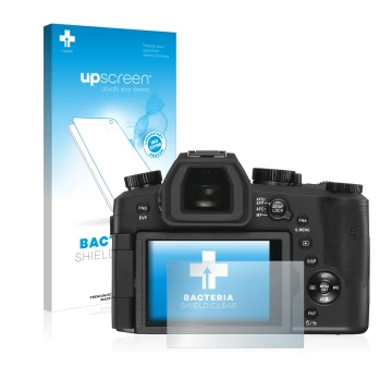 Parte frontal de un envase de producto con el logotipo de la marca upscreen. Al lado se muestra el dispositivo Leica V-LUX 5 c