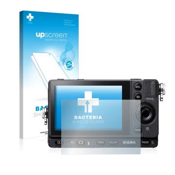 Parte frontal de un envase de producto con el logotipo de la marca upscreen. Al lado se muestra el dispositivo Sigma FP con su