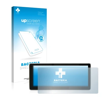 Parte frontal de un envase de producto con el logotipo de la marca upscreen. Al lado se muestra el dispositivo Mercedes-Benz E