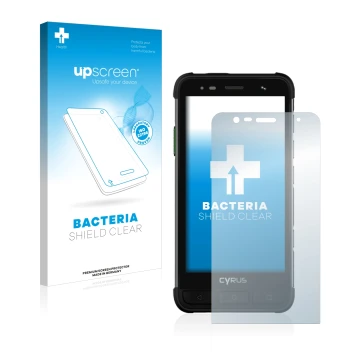 Parte frontal de un envase de producto con el logotipo de la marca upscreen. Al lado se muestra el dispositivo Cyrus CS45 XA c