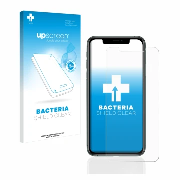 Parte frontal de un envase de producto con el logotipo de la marca upscreen. Al lado se muestra el dispositivo Apple iPhone 11