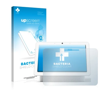 Parte frontal de un envase de producto con el logotipo de la marca upscreen. Al lado se muestra el dispositivo Google Nest Hub