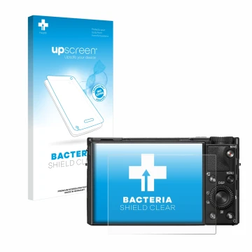 Parte frontal de un envase de producto con el logotipo de la marca upscreen. Al lado se muestra el dispositivo Sony Cyber-Shot