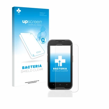 Parte frontal de un envase de producto con el logotipo de la marca upscreen. Al lado se muestra el dispositivo Datalogic Memor