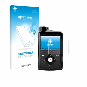 Parte frontal de un envase de producto con el logotipo de la marca upscreen. Al lado se muestra el dispositivo Medtronic Minim
