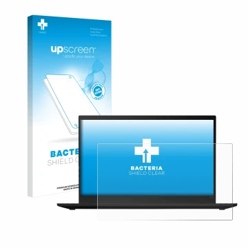 Parte frontal de un envase de producto con el logotipo de la marca upscreen. Al lado se muestra el dispositivo Lenovo ThinkPad