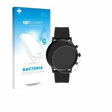 Parte frontal de un envase de producto con el logotipo de la marca upscreen. Al lado se muestra el dispositivo Fossil The Carl