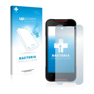 Parte frontal de un envase de producto con el logotipo de la marca upscreen. Al lado se muestra el dispositivo Cubot Quest Lit