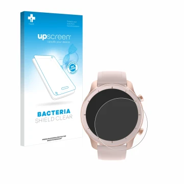 Parte frontal de un envase de producto con el logotipo de la marca upscreen. Al lado se muestra el dispositivo Huami Amazfit G