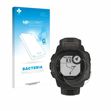 Parte frontal de un envase de producto con el logotipo de la marca upscreen. Al lado se muestra el dispositivo Garmin Instinct