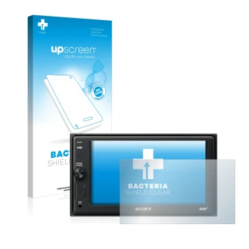 Parte frontal de un envase de producto con el logotipo de la marca upscreen. Al lado se muestra el dispositivo Sony XAV-AX1005