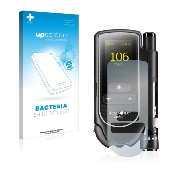 Parte frontal de un envase de producto con el logotipo de la marca upscreen. Al lado se muestra el dispositivo Accu-Chek Mobil