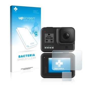Parte frontal de un envase de producto con el logotipo de la marca upscreen. Al lado se muestra el dispositivo GoPro Hero 8 Bl