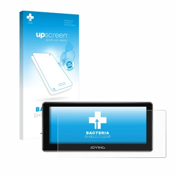 Parte frontal de un envase de producto con el logotipo de la marca upscreen. Al lado se muestra el dispositivo Joying 4G Car R