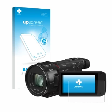 Parte frontal de un envase de producto con el logotipo de la marca upscreen. Al lado se muestra el dispositivo Panasonic HC-VX