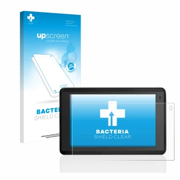 Parte frontal de un envase de producto con el logotipo de la marca upscreen. Al lado se muestra el dispositivo Garmin Aera 660