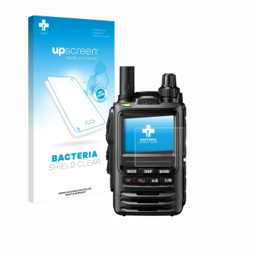 Parte frontal de un envase de producto con el logotipo de la marca upscreen. Al lado se muestra el dispositivo Yaesu FT-3D con