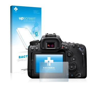 Parte frontal de un envase de producto con el logotipo de la marca upscreen. Al lado se muestra el dispositivo Canon EOS 90D c