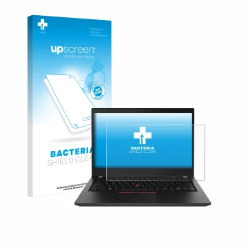 Parte frontal de un envase de producto con el logotipo de la marca upscreen. Al lado se muestra el dispositivo Lenovo ThinkPad
