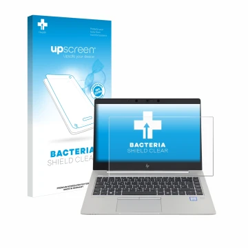 Parte frontal de un envase de producto con el logotipo de la marca upscreen. Al lado se muestra el dispositivo HP EliteBook 84