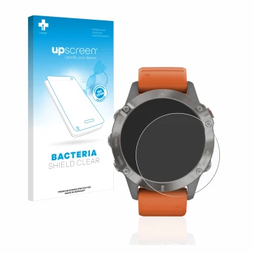 Parte frontal de un envase de producto con el logotipo de la marca upscreen. Al lado se muestra el dispositivo Garmin Fenix 6 