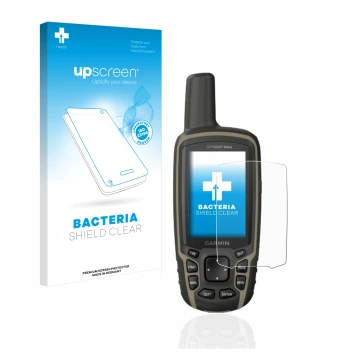 Parte frontal de un envase de producto con el logotipo de la marca upscreen. Al lado se muestra el dispositivo Garmin GPSMAP 6
