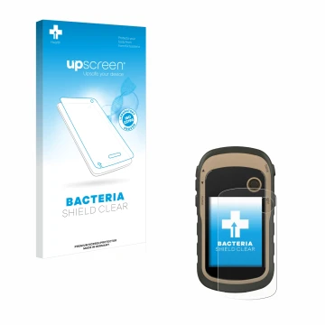 Parte frontal de un envase de producto con el logotipo de la marca upscreen. Al lado se muestra el dispositivo Garmin eTrex 32