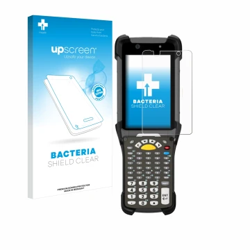 Parte frontal de un envase de producto con el logotipo de la marca upscreen. Al lado se muestra el dispositivo Zebra MC9300 co