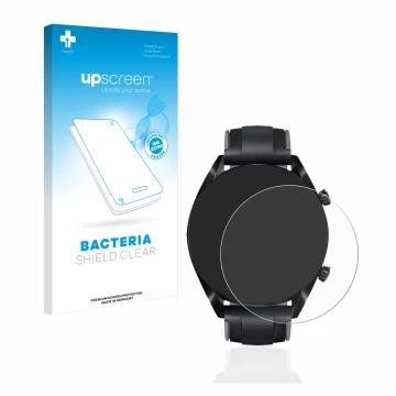 Parte frontal de un envase de producto con el logotipo de la marca upscreen. Al lado se muestra el dispositivo Huawei Watch GT