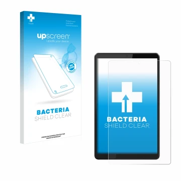 Parte frontal de un envase de producto con el logotipo de la marca upscreen. Al lado se muestra el dispositivo Lenovo Tab M8 c