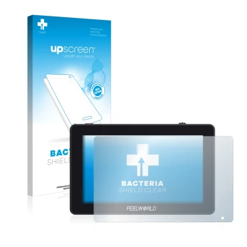 Parte frontal de un envase de producto con el logotipo de la marca upscreen. Al lado se muestra el dispositivo Feelworld F6 Pl