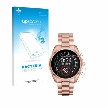 Parte frontal de un envase de producto con el logotipo de la marca upscreen. Al lado se muestra el dispositivo Michael Kors Ac