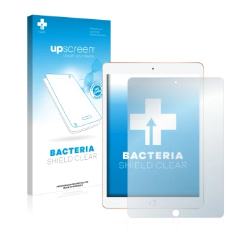 Parte frontal de un envase de producto con el logotipo de la marca upscreen. Al lado se muestra el dispositivo Apple iPad 10.2