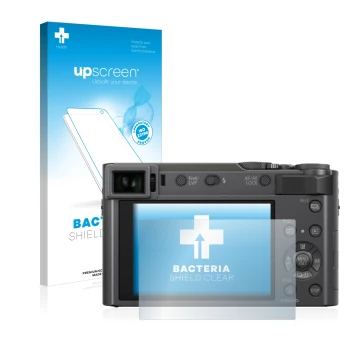 Parte frontal de un envase de producto con el logotipo de la marca upscreen. Al lado se muestra el dispositivo Panasonic Lumix
