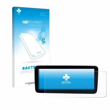 Parte frontal de un envase de producto con el logotipo de la marca upscreen. Al lado se muestra el dispositivo Mercedes-Benz A