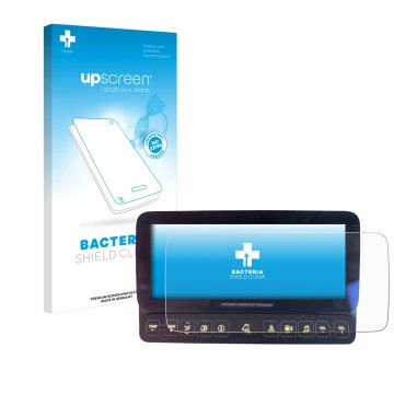 Parte frontal de un envase de producto con el logotipo de la marca upscreen. Al lado se muestra el dispositivo Mercedes-Benz A
