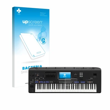 Parte frontal de un envase de producto con el logotipo de la marca upscreen. Al lado se muestra el dispositivo Yamaha Genos co