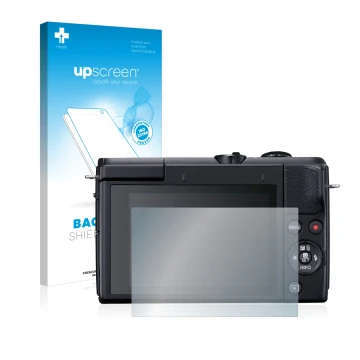 Parte frontal de un envase de producto con el logotipo de la marca upscreen. Al lado se muestra el dispositivo Canon EOS M200 