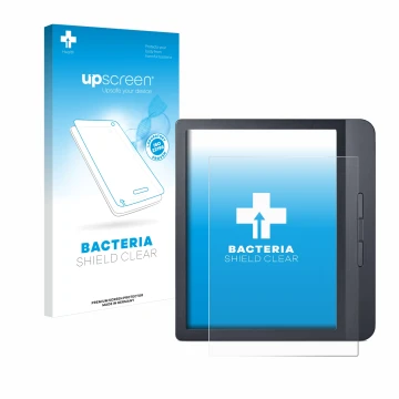 Parte frontal de un envase de producto con el logotipo de la marca upscreen. Al lado se muestra el dispositivo Kobo Libra H2O 