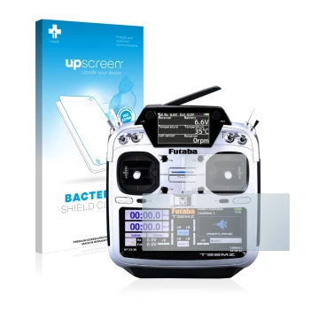 Parte frontal de un envase de producto con el logotipo de la marca upscreen. Al lado se muestra el dispositivo Robbe Futaba T3