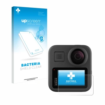Parte frontal de un envase de producto con el logotipo de la marca upscreen. Al lado se muestra el dispositivo GoPro Max con s