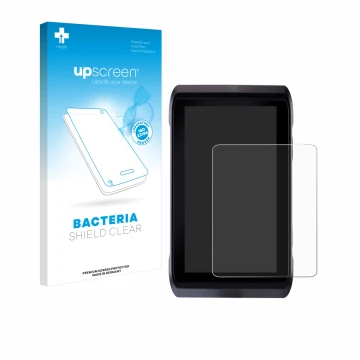 Parte frontal de un envase de producto con el logotipo de la marca upscreen. Al lado se muestra el dispositivo Atomos Shogun 7