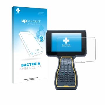 Parte frontal de un envase de producto con el logotipo de la marca upscreen. Al lado se muestra el dispositivo Trimble TSC7 Co